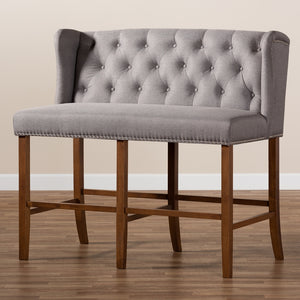 Baxton Studio Alira Modern And Contemporary Grey Fabric Upholstered Walnut Finished Wood Button Tufted Bar Stool Bench