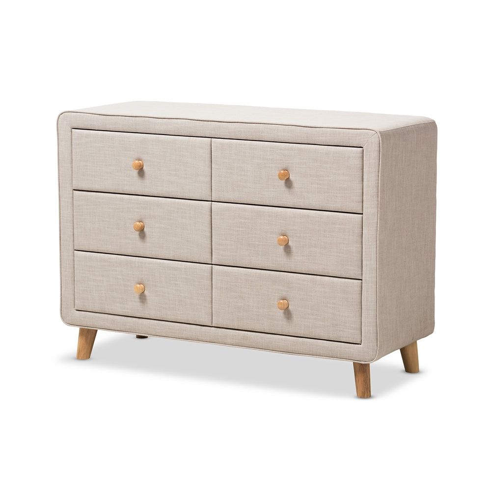 Baxton Studio Jonesy Mid-Century Beige Linen Upholstered 6-Drawer Dresser