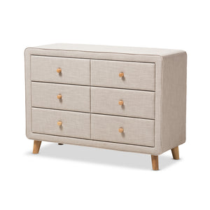 Baxton Studio Jonesy Mid-Century Beige Linen Upholstered 6-Drawer Dresser