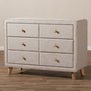 Baxton Studio Jonesy Mid-Century Beige Linen Upholstered 6-Drawer Dresser