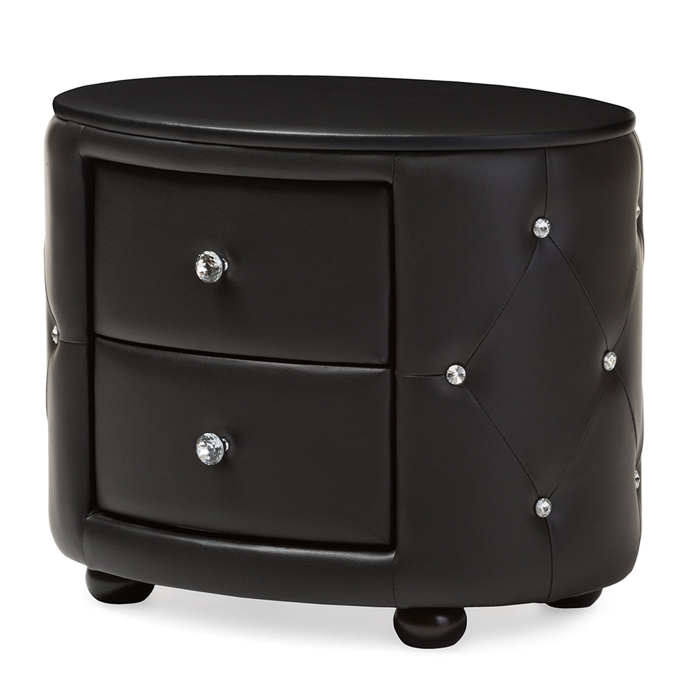 Baxton Studio Davina Hollywood Glamour Style Oval 2-Drawer Black Faux Leather Upholstered Nightstand