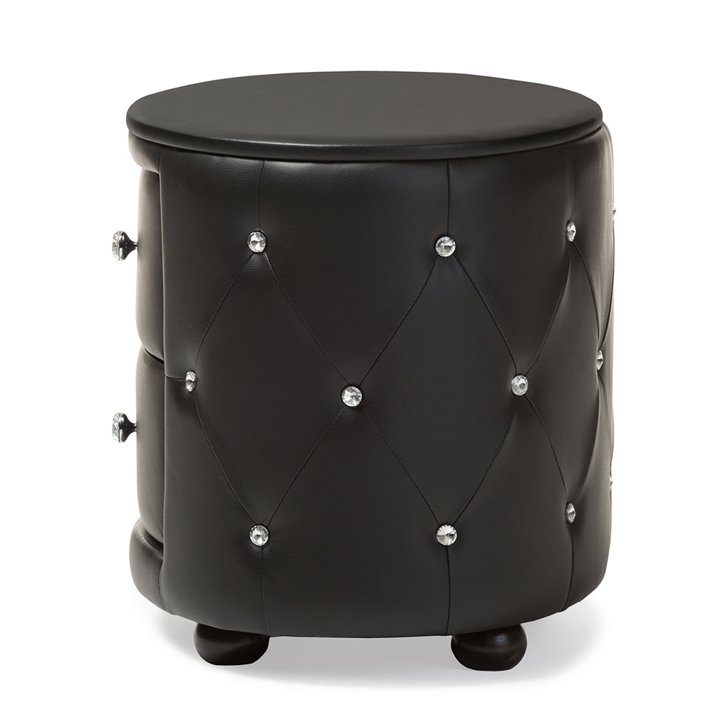 Baxton Studio Davina Hollywood Glamour Style Oval 2-Drawer Black Faux Leather Upholstered Nightstand