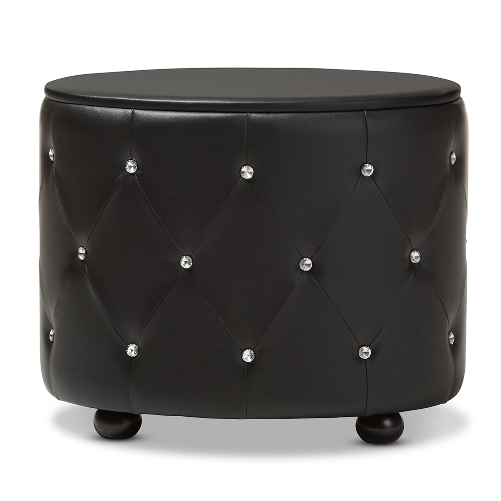 Baxton Studio Davina Hollywood Glamour Style Oval 2-Drawer Black Faux Leather Upholstered Nightstand