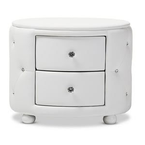 Baxton Studio Davina Hollywood Glamour Style Oval 2-Drawer White Faux Leather Upholstered Nightstand