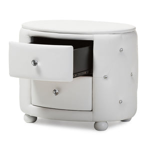 BAXTON STUDIO DAVINA HOLLYWOOD GLAMOUR STYLE OVAL 2-DRAWER WHITE FAUX LEATHER UPHOLSTERED NIGHTSTAND