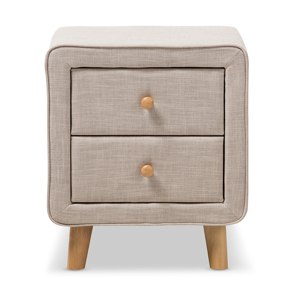 Baxton Studio Jonesy Mid-Century Beige Linen Upholstered 2-Drawer Nightstand