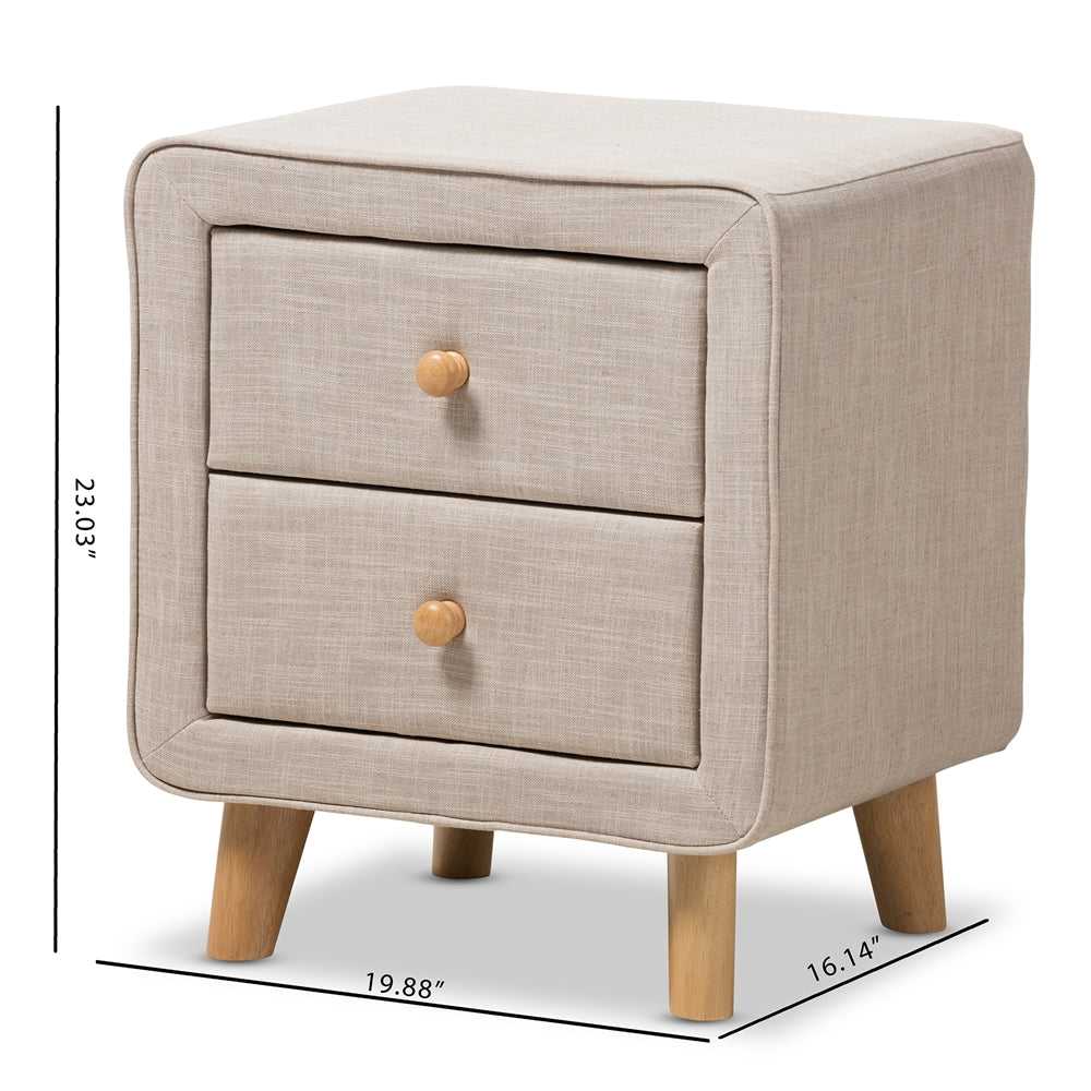 Baxton Studio Jonesy Mid-Century Beige Linen Upholstered 2-Drawer Nightstand