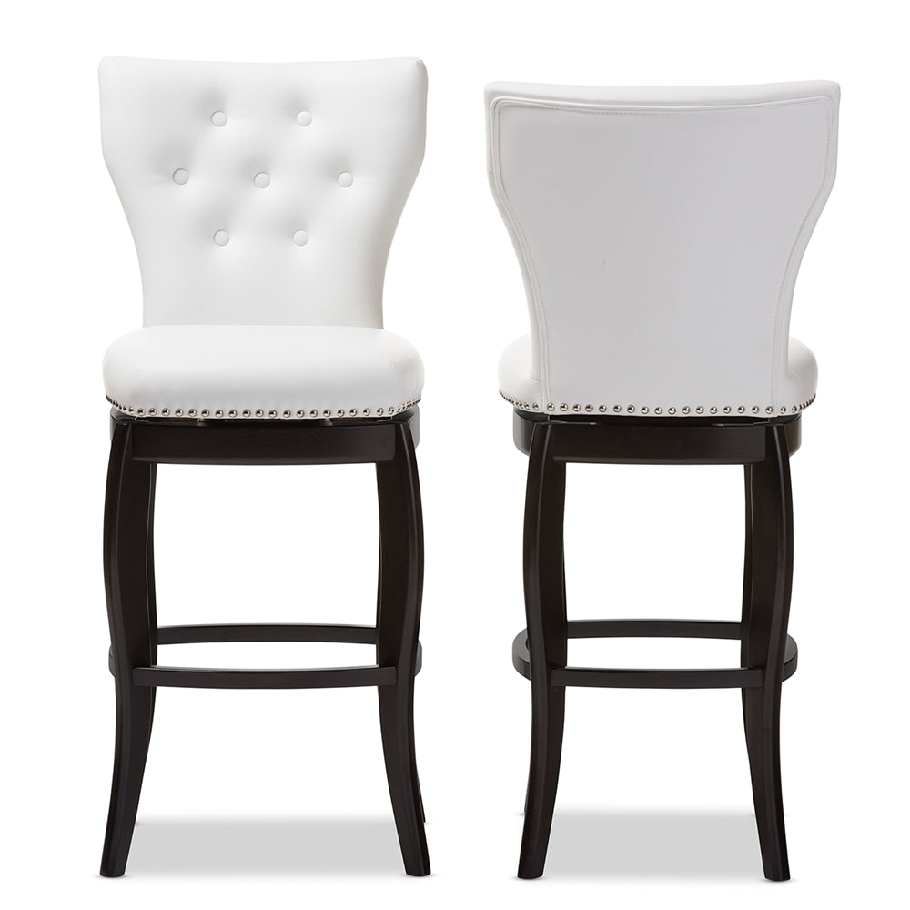 BAXTON STUDIO LEONICE MODERN AND CONTEMPORARY WHITE FAUX LEATHER UPHOLSTERED BUTTON-TUFTED 29-INCH 2-PIECE SWIVEL BAR STOOL SET