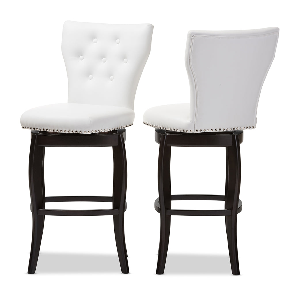 Baxton Studio Leonice Modern And Contemporary White Faux Leather Upholstered Button-Tufted 29-Inch 2-Piece Swivel Bar Stool Set