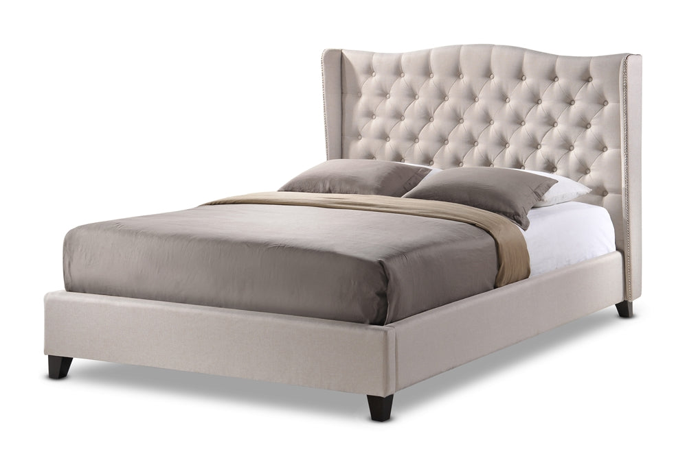 BAXTON STUDIO NORWICH LIGHT BEIGE LINEN MODERN PLATFORM BED - KING SIZE