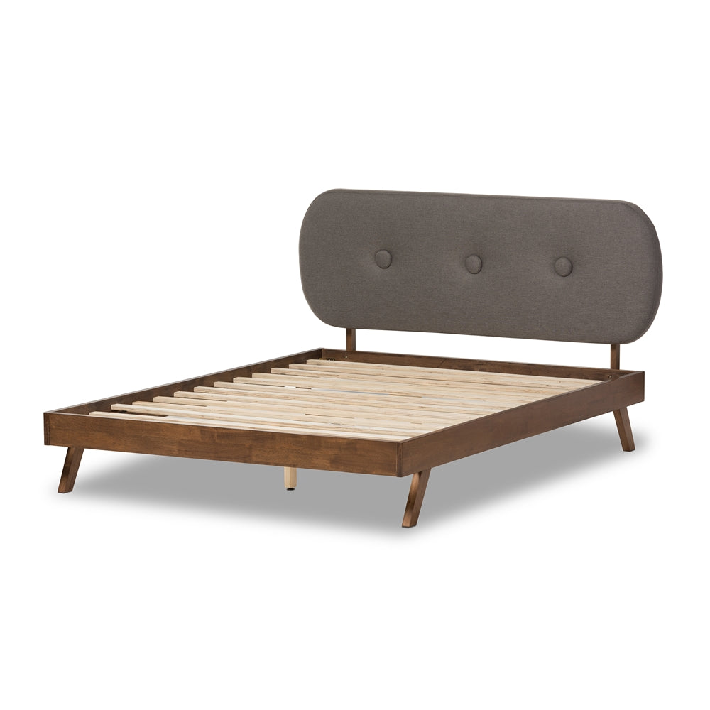 Baxton Studio Penelope Mid-Century Modern Solid Walnut Wood Fabric Upholstered Platform Bed - King Size, Queen Size, Full Size