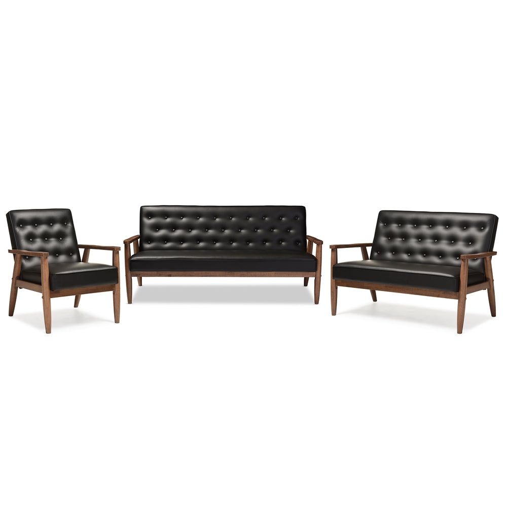 BAXTON STUDIO SORRENTO MID-CENTURY RETRO MODERN BLACK FAUX LEATHER UPHOLSTERED WOODEN 3 PIECE LIVING ROOM SET