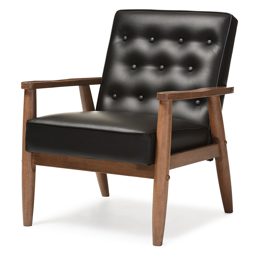 BAXTON STUDIO SORRENTO MID-CENTURY RETRO MODERN BLACK FAUX LEATHER UPHOLSTERED WOODEN LOUNGE CHAIR