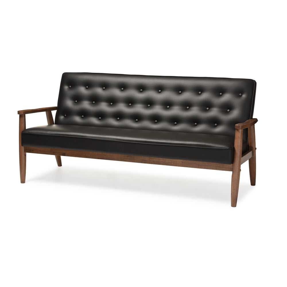 BAXTON STUDIO SORRENTO MID-CENTURY RETRO MODERN BLACK FAUX LEATHER UPHOLSTERED WOODEN 3-SEATER SOFA