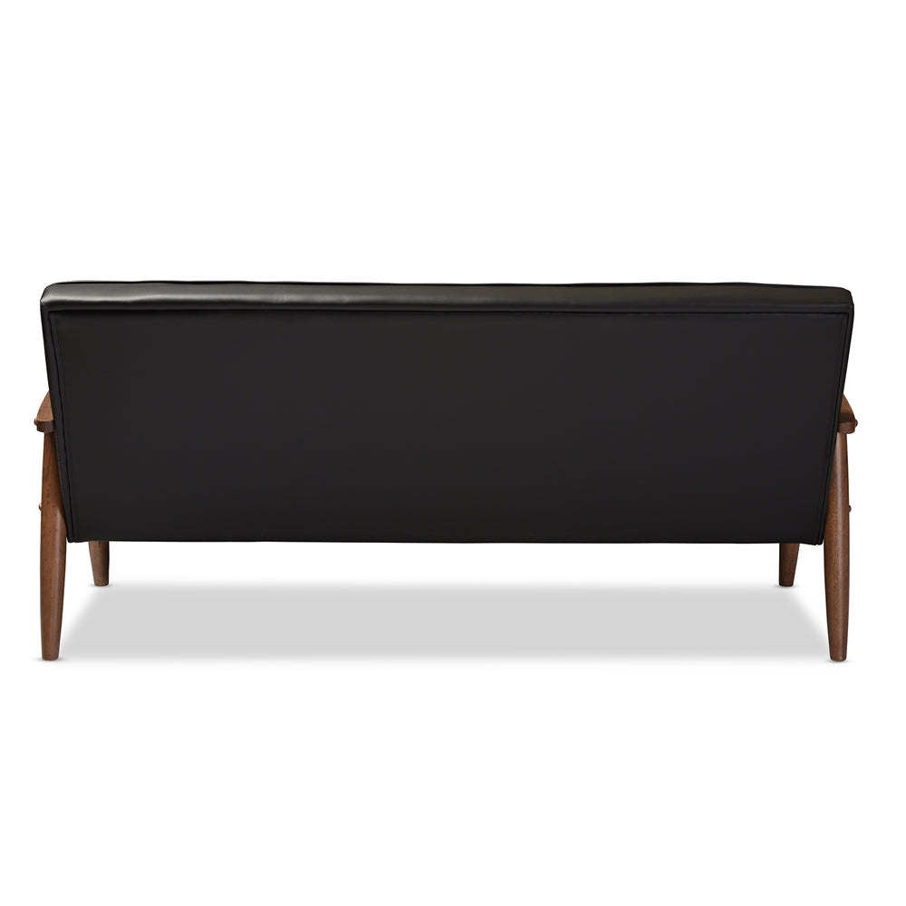 Baxton Studio Sorrento Mid-Century Retro Modern Black Faux Leather Upholstered Wooden 3-Seater Sofa