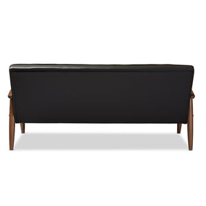 Baxton Studio Sorrento Mid-Century Retro Modern Black Faux Leather Upholstered Wooden 3-Seater Sofa