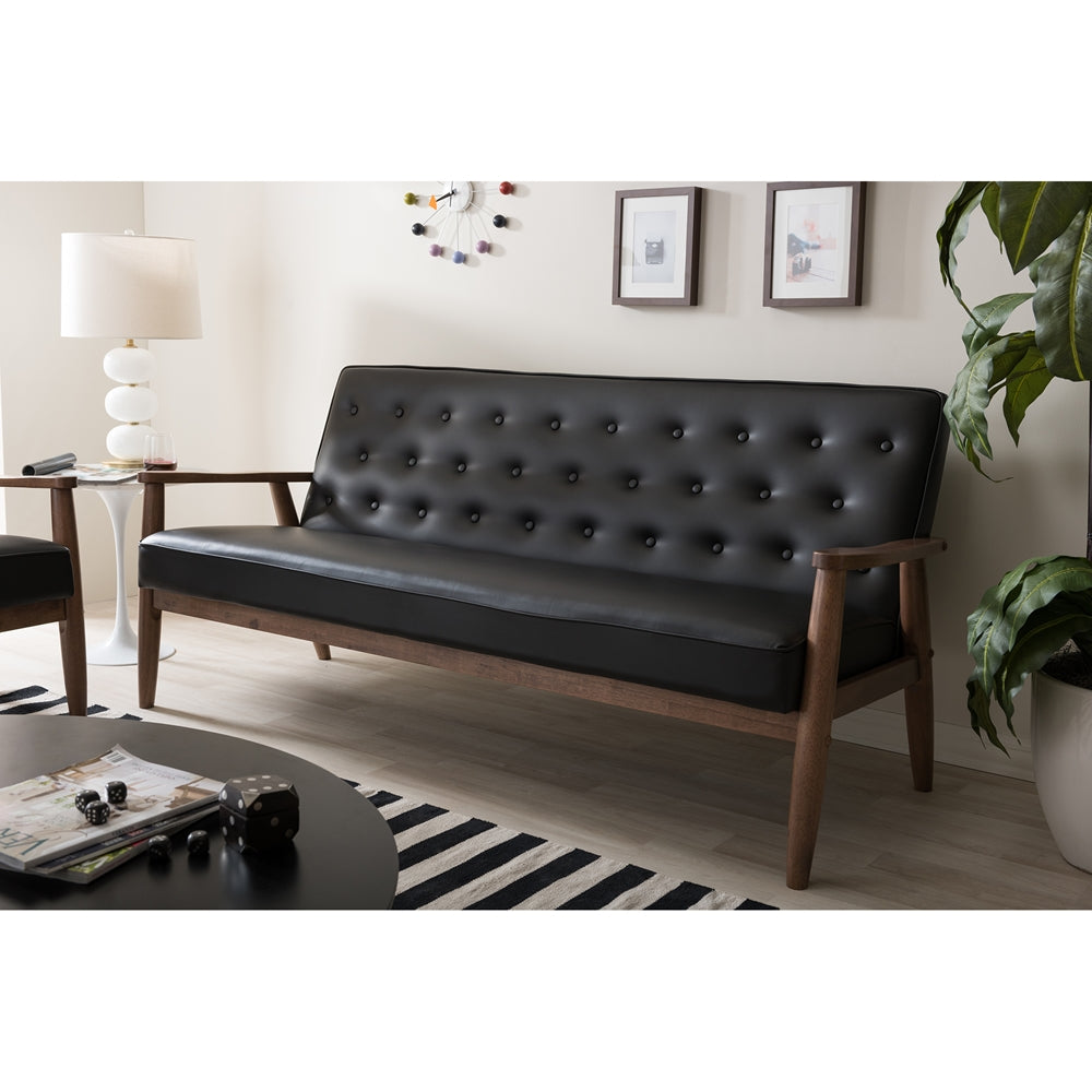 Baxton Studio Sorrento Mid-Century Retro Modern Black Faux Leather Upholstered Wooden 3-Seater Sofa