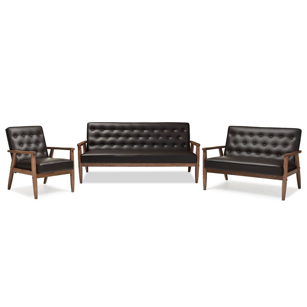 BAXTON STUDIO SORRENTO MID-CENTURY RETRO MODERN BROWN FAUX LEATHER UPHOLSTERED WOODEN 3 PIECE LIVING ROOM SET