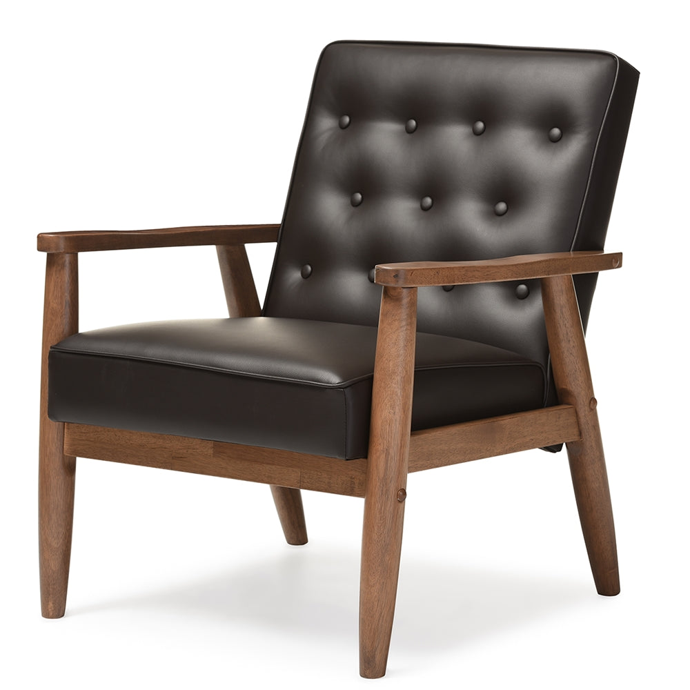 BAXTON STUDIO SORRENTO MID-CENTURY RETRO MODERN BROWN FAUX LEATHER UPHOLSTERED WOODEN LOUNGE CHAIR