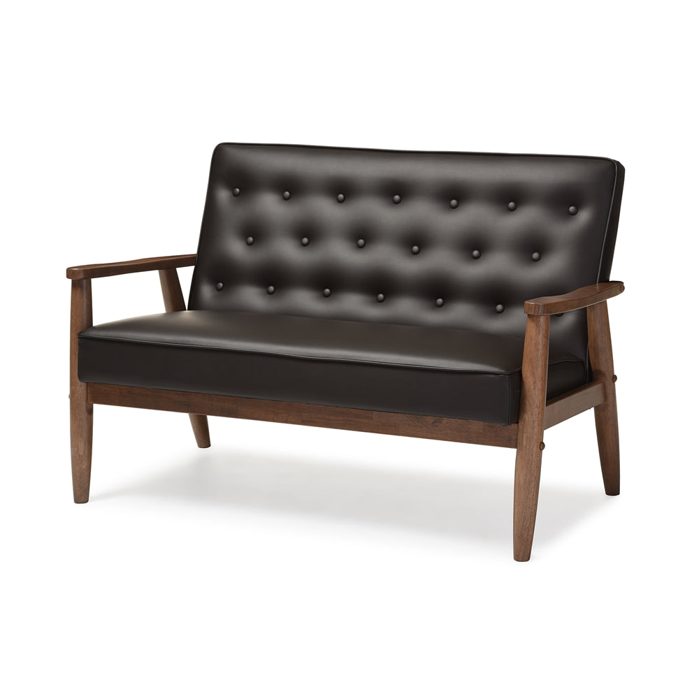 BAXTON STUDIO SORRENTO MID-CENTURY RETRO MODERN BROWN FAUX LEATHER UPHOLSTERED WOODEN 2-SEATER LOVESEAT