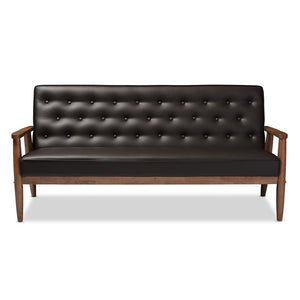 Baxton Studio Sorrento Mid-Century Retro Modern Brown Faux Leather Upholstered Wooden 3-Seater Sofa