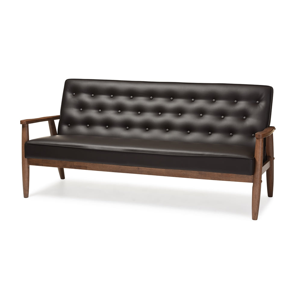 BAXTON STUDIO SORRENTO MID-CENTURY RETRO MODERN BROWN FAUX LEATHER UPHOLSTERED WOODEN 3-SEATER SOFA