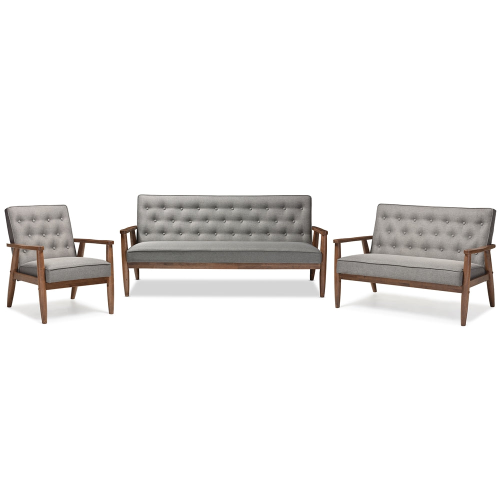 BAXTON STUDIO SORRENTO MID-CENTURY RETRO MODERN GREY FABRIC UPHOLSTERED WOODEN 3 PIECE LIVING ROOM SET