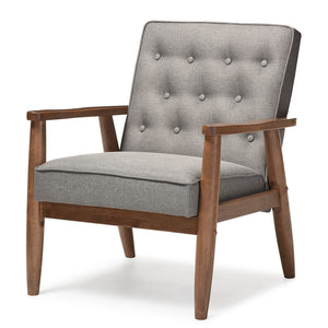 BAXTON STUDIO SORRENTO MID-CENTURY RETRO MODERN GREY FABRIC UPHOLSTERED WOODEN LOUNGE CHAIR