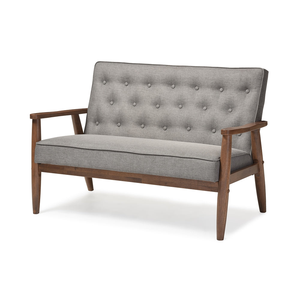 BAXTON STUDIO SORRENTO MID-CENTURY RETRO MODERN GREY FABRIC UPHOLSTERED WOODEN 2-SEATER LOVESEAT