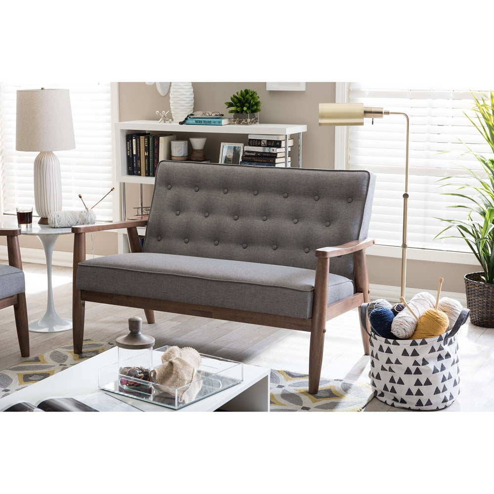 Baxton Studio Sorrento Mid-Century Retro Modern Grey Fabric Upholstered Wooden 2-Seater Loveseat