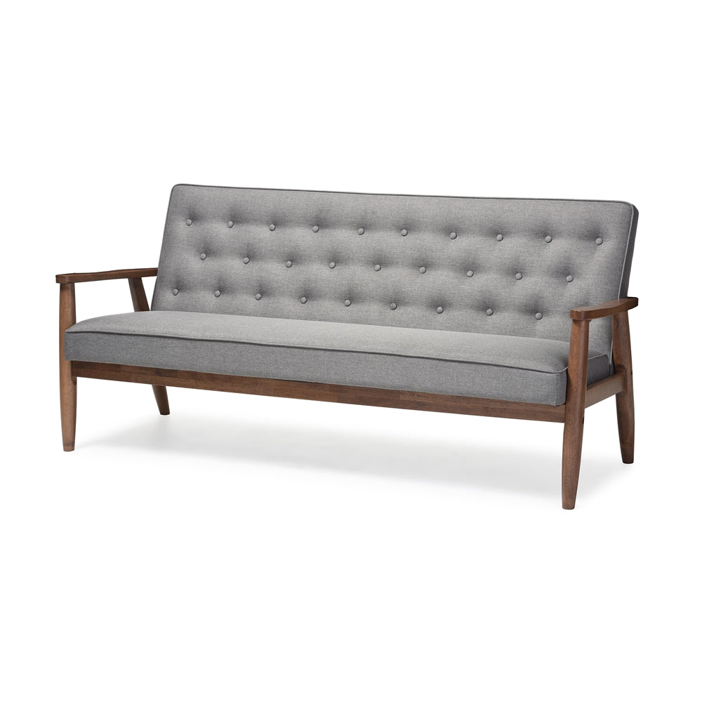 BAXTON STUDIO SORRENTO MID-CENTURY RETRO MODERN GREY FABRIC UPHOLSTERED WOODEN 3-SEATER SOFA