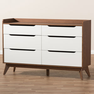 Baxton Studio Brighton Mid-Century Modern White And Walnut Wood 6-Drawer Storage Dresser