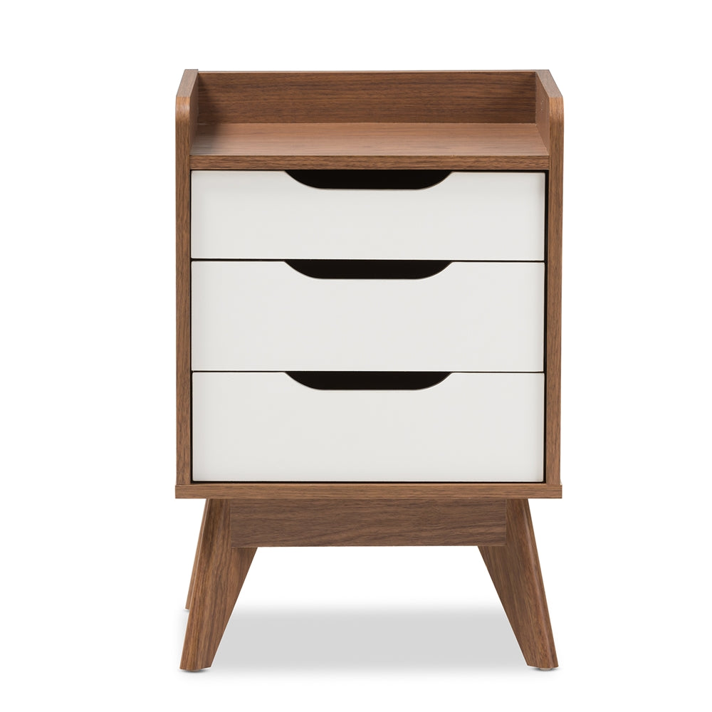 Baxton Studio Brighton Mid-Century Modern White And Walnut Wood 3-Drawer Storage Nightstand