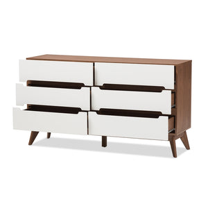 Baxton Studio Calypso Mid-Century Modern White And Walnut Wood 6-Drawer Storage Dresser