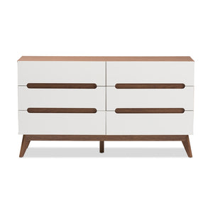 Baxton Studio Calypso Mid-Century Modern White And Walnut Wood 6-Drawer Storage Dresser