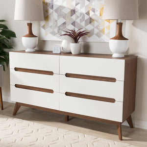 Baxton Studio Calypso Mid-Century Modern White And Walnut Wood 6-Drawer Storage Dresser