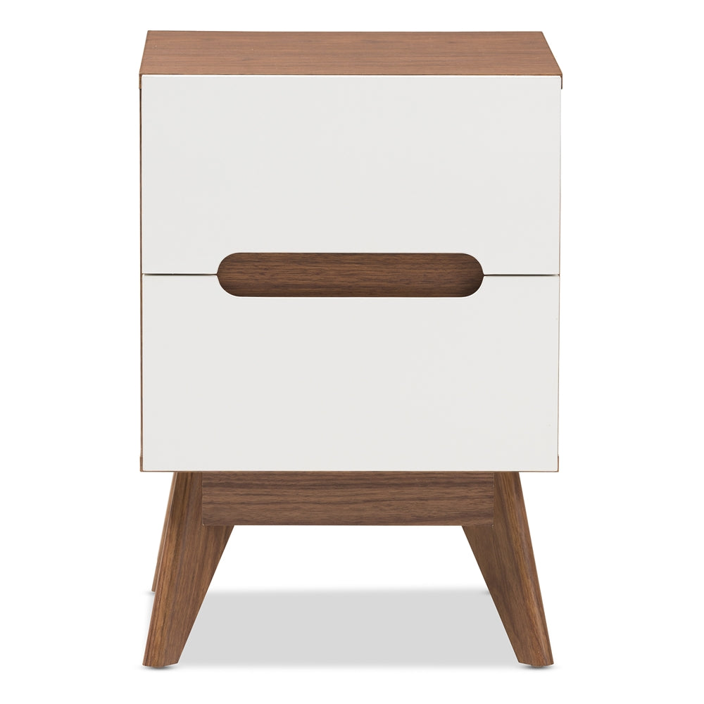 Baxton Studio Calypso Mid-Century Modern White And Walnut Wood 2-Drawer Storage Nightstand