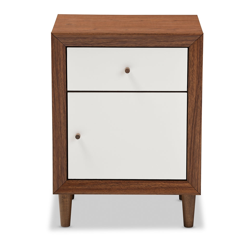 Baxton Studio Harlow Mid-Century Modern Scandinavian Style White And Walnut Wood 1-Drawer And 1-Door Nightstand