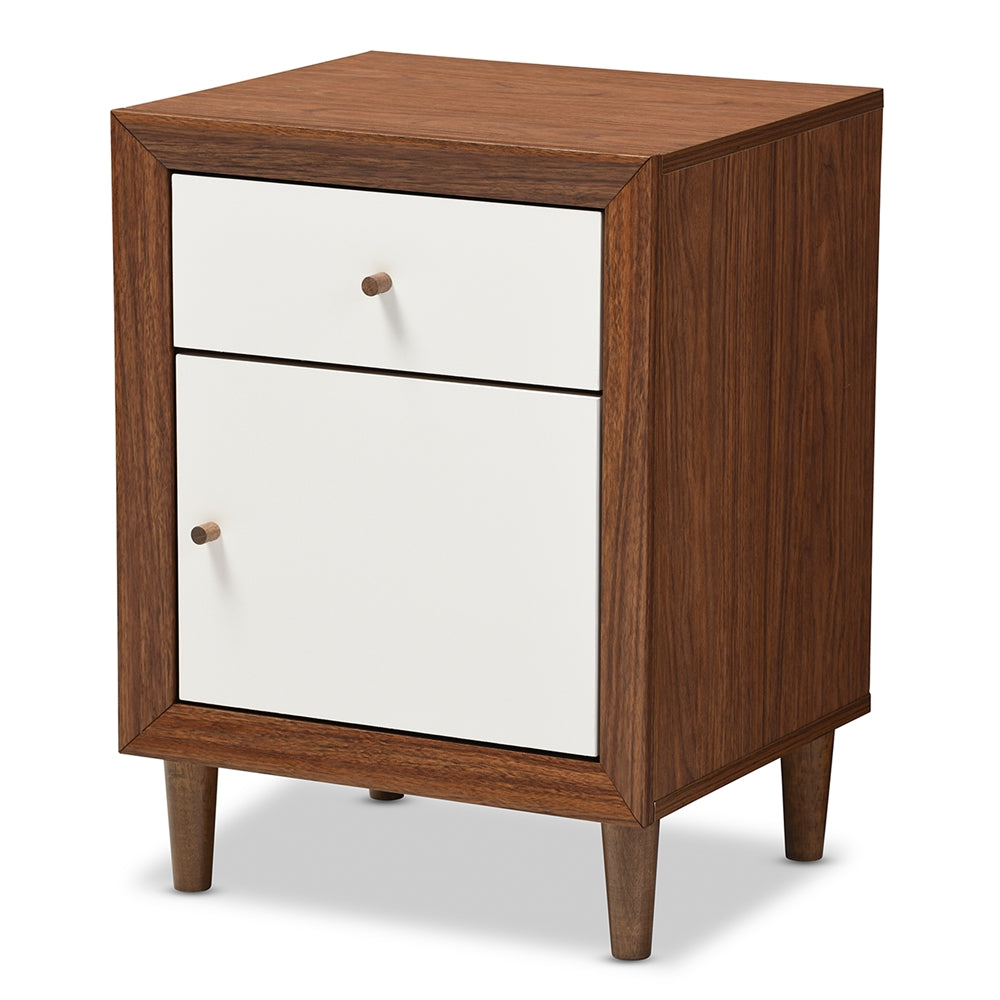 BAXTON STUDIO HARLOW MID-CENTURY MODERN SCANDINAVIAN STYLE WHITE AND WALNUT WOOD 1-DRAWER AND 1-DOOR NIGHTSTAND