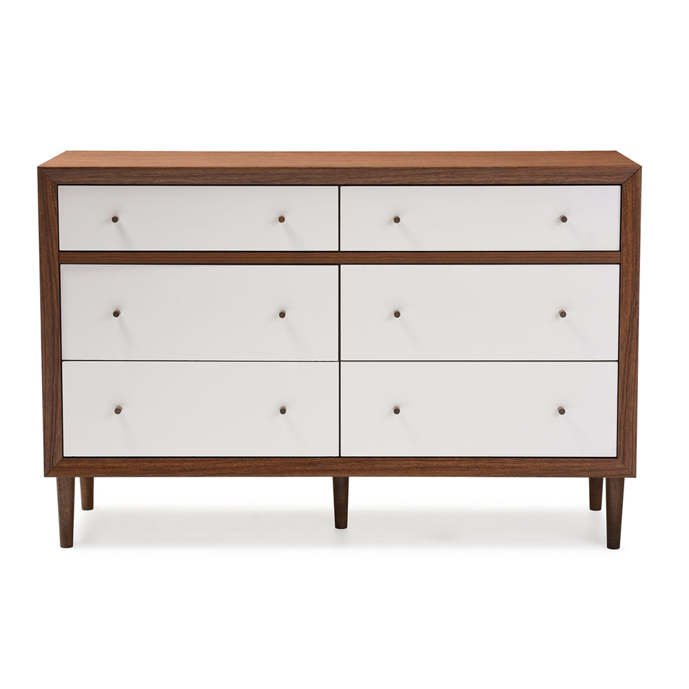 Baxton Studio Harlow Mid-Century Modern Scandinavian Style White And Walnut Wood 6-Drawer Storage Dresser