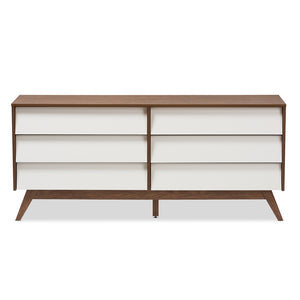 Baxton Studio Hildon Mid-Century Modern White And Walnut Wood 6-Drawer Storage Dresser