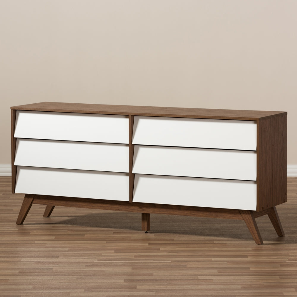 Baxton Studio Hildon Mid-Century Modern White And Walnut Wood 6-Drawer Storage Dresser