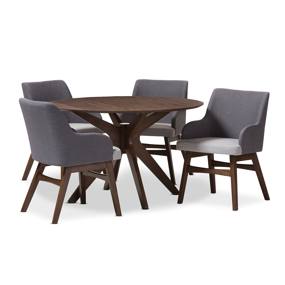 Baxton Studio Monte Mid-Century Modern Walnut Wood Round 5-Piece Dining Set