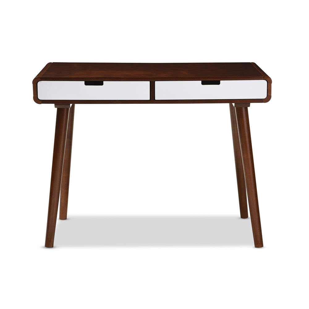 BAXTON STUDIO CASARANO MID-CENTURY MODERN DARK WALNUT AND WHITE TWO-TONE FINISH 2-DRAWER WOOD HOME OFFICE WRITING DESK