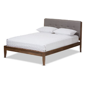 Baxton Studio Leyton Mid-Century Fabric and Medium Brown Finish Wood Platform Bed - King Size, Queen Size