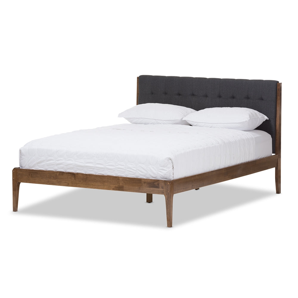 Baxton Studio Clifford Mid-Century Fabric and Medium Brown Finish Wood Platform Bed