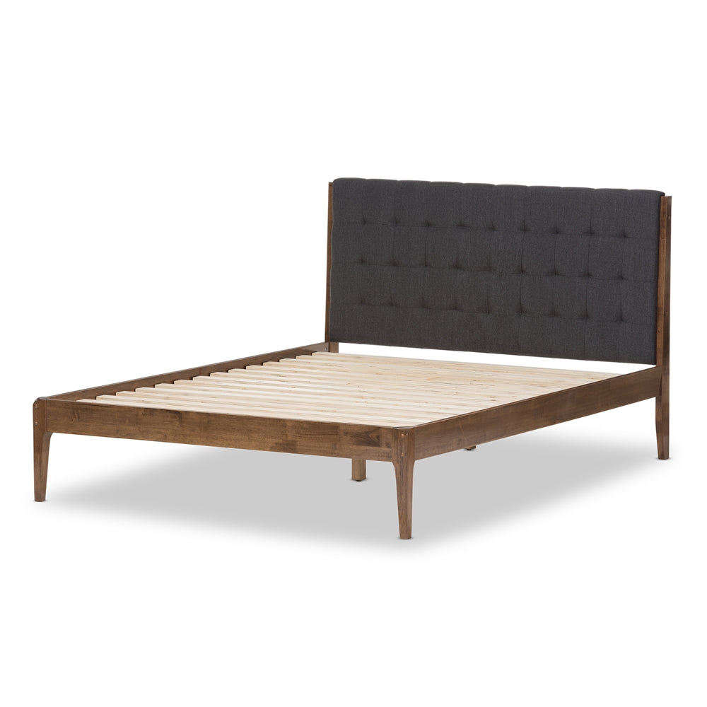 Baxton Studio Clifford Mid-Century Fabric and Medium Brown Finish Wood Platform Bed