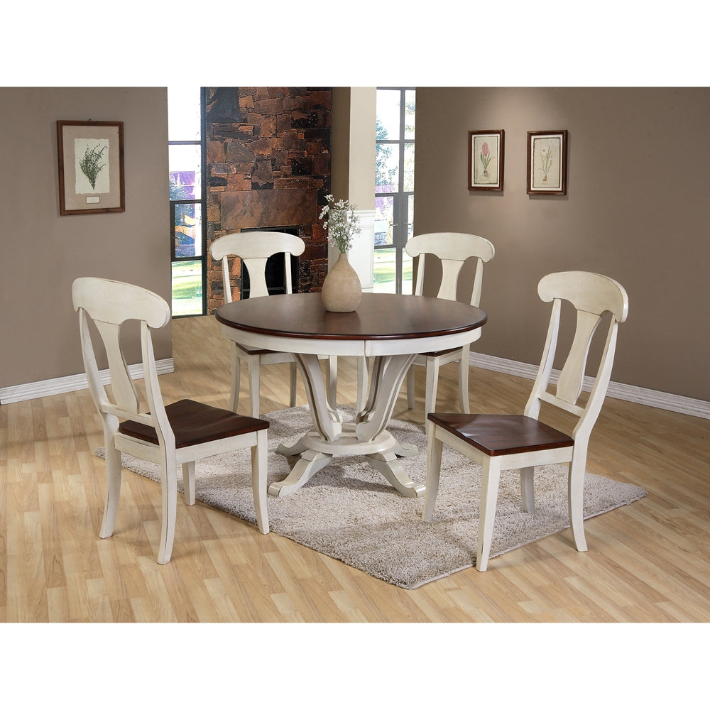 Baxton Studio Napoleon Chic Country Cottage Antique Oak Wood And Distressed White 5-Piece Dining Set With 48-Inch Round Pedestal Base Fixed Top Dining Table