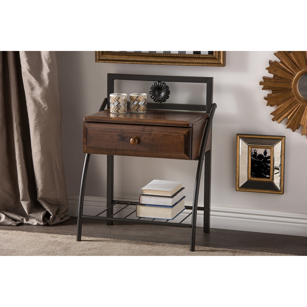 Baxton Studio Jevenci Vintage Industrial Black Bronze Metal And Walnut Brown Wood 1-Drawer Nightstand