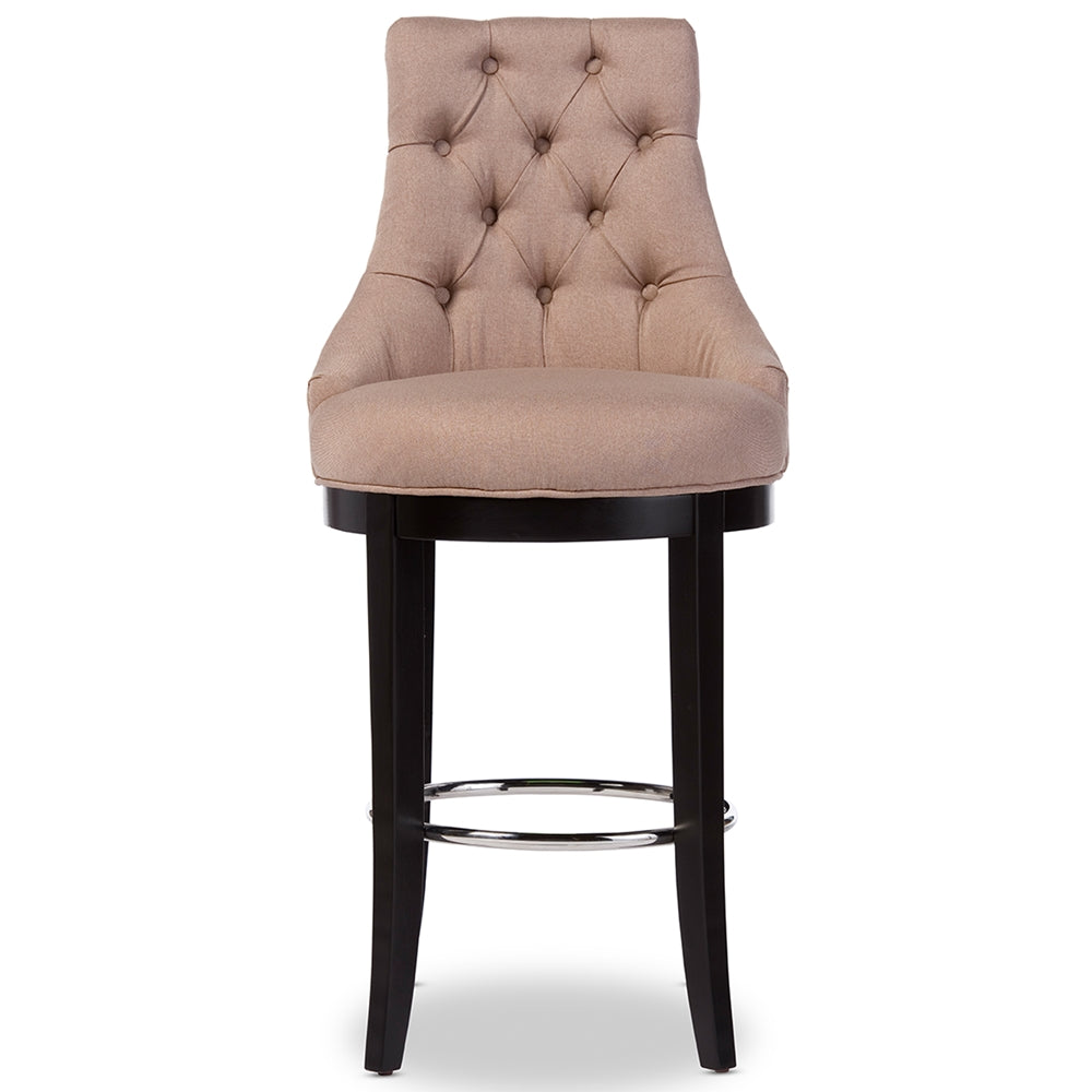 BAXTON STUDIO HARMONY MODERN AND CONTEMPORARY BUTTON-TUFTED BEIGE FABRIC UPHOLSTERED BAR STOOL WITH METAL FOOTREST